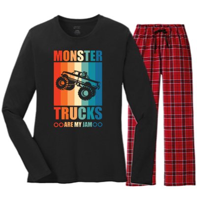 Vintage Monster Truck Are My Jam Retro Sunset Cool Engines Women's Long Sleeve Flannel Pajama Set 