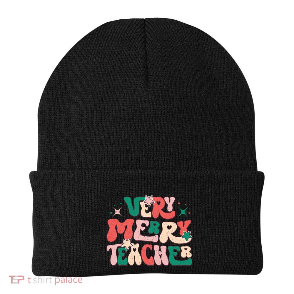 Very Merry Teacher Festive Graphic Knit Cap Winter Beanie