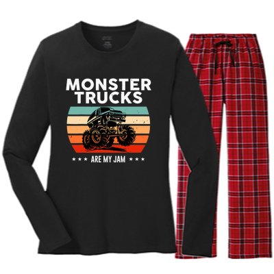 Vintage Monster Truck Are My Jam Retro Sunset Cool Engines Women's Long Sleeve Flannel Pajama Set 