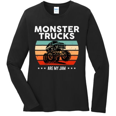 Vintage Monster Truck Are My Jam Retro Sunset Cool Engines Ladies Long Sleeve Shirt