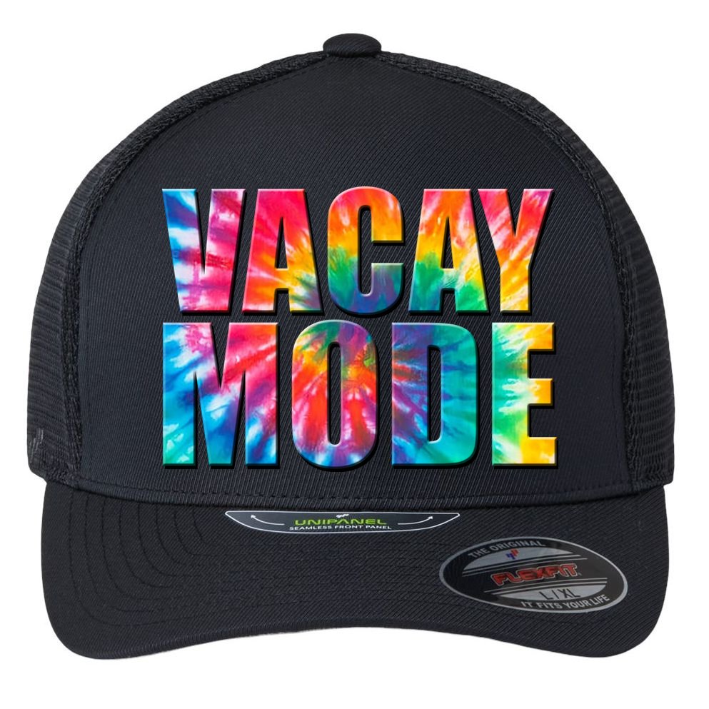 Vacay Mode Tie Dye Colorful Vacation Flexfit Unipanel Trucker Cap