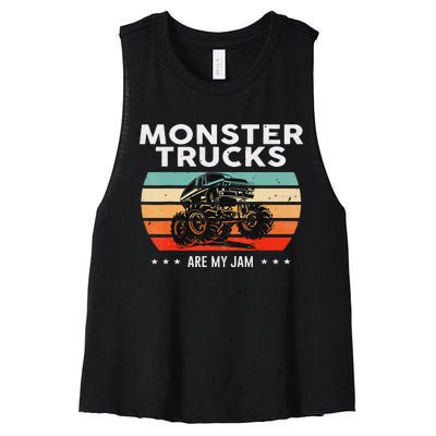 Vintage Monster Truck Are My Jam Retro Sunset Cool Engines Women's Racerback Cropped Tank