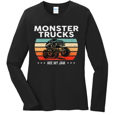 Vintage Monster Truck Are My Jam Retro Sunset Cool Engines Ladies Long Sleeve Shirt