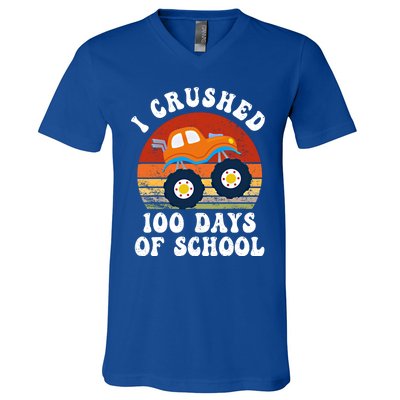 Vintage Monter Truck I Crushed 100 Days Of School Teacher Cute Gift V-Neck T-Shirt