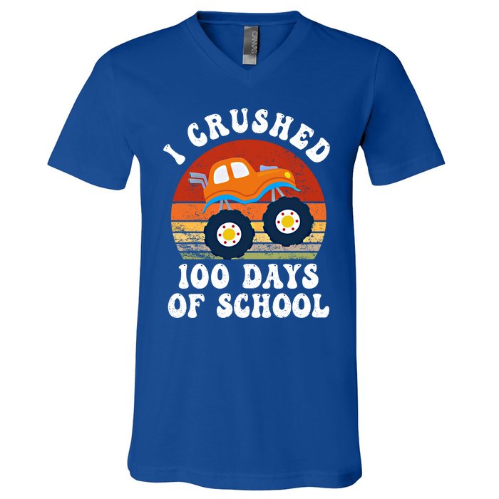 Vintage Monter Truck I Crushed 100 Days Of School Teacher Cute Gift V-Neck T-Shirt