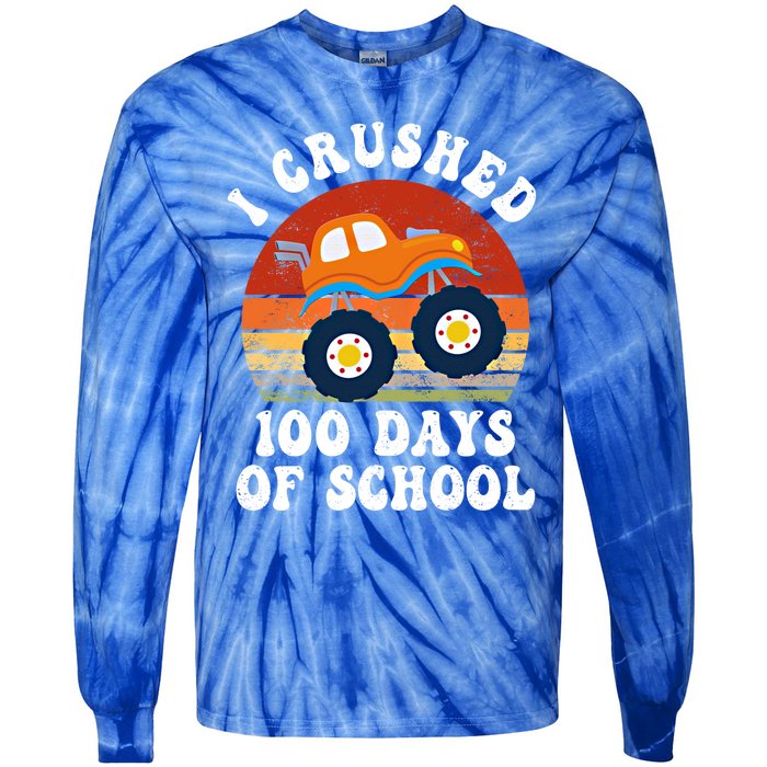 Vintage Monter Truck I Crushed 100 Days Of School Teacher Cute Gift Tie-Dye Long Sleeve Shirt