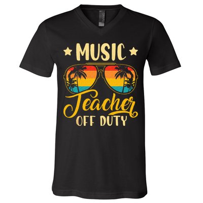 Vintage Music Teacher Off Duty Last Day Of School Summer V-Neck T-Shirt