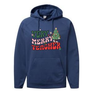 Very Merry Teacher Christmas Xmas Lights Funny Holiday Retro Performance Fleece Hoodie