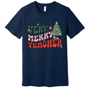 Very Merry Teacher Christmas Xmas Lights Funny Holiday Retro Premium T-Shirt