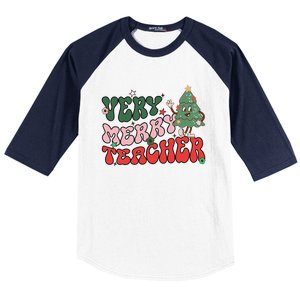 Very Merry Teacher Christmas Xmas Lights Funny Holiday Retro Baseball Sleeve Shirt