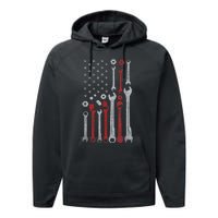 Vintage Mechanic Usa Flag Patriotic American Car Enthusiast Design Performance Fleece Hoodie