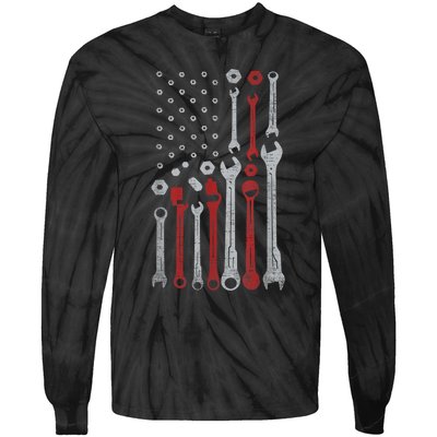 Vintage Mechanic Usa Flag Patriotic American Car Enthusiast Design Tie-Dye Long Sleeve Shirt