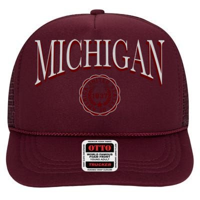 Vintage Michigan Varsity Style High Crown Mesh Back Trucker Hat