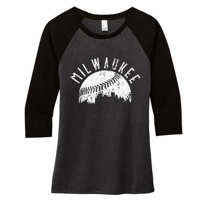 Vintage Milwaukee Wisconsin Skyline Apparel Women's Tri-Blend 3/4-Sleeve Raglan Shirt