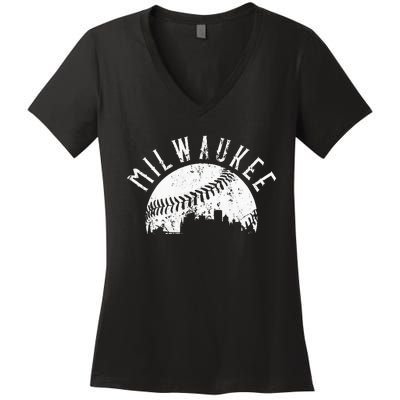 Vintage Milwaukee Wisconsin Skyline Apparel Women's V-Neck T-Shirt