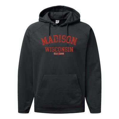 Vintage Madison Wisconsin State Wi Athletic Sports Performance Fleece Hoodie