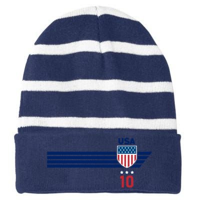 Vintage Number 10 USA Soccer American Flag Football Jersey Striped Beanie with Solid Band