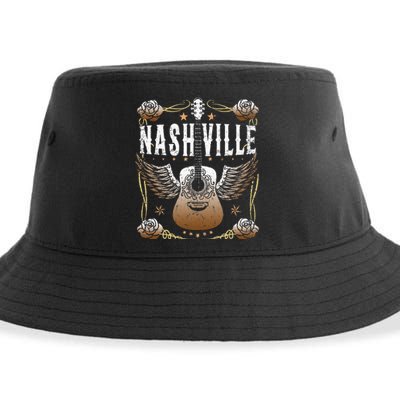 Vintage Nashville Country Music City Guitar Player Sustainable Bucket Hat