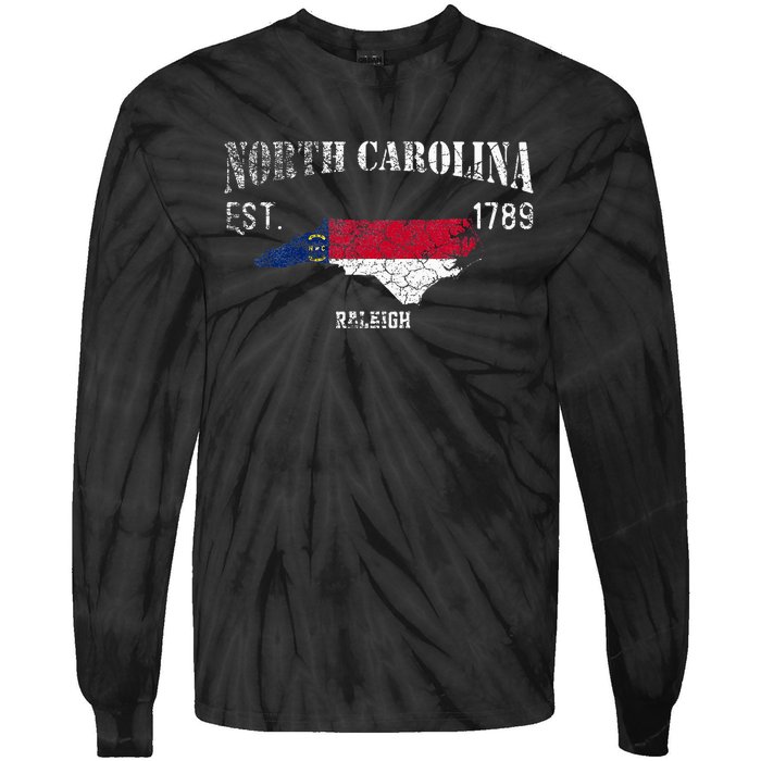 Vintage North Carolina Us State Flag And Map Raleigh Tie-Dye Long Sleeve Shirt