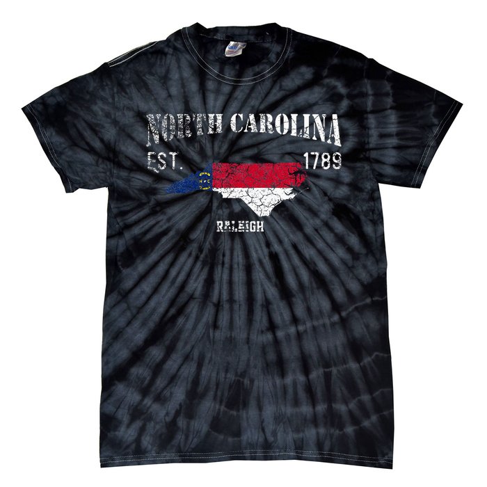 Vintage North Carolina Us State Flag And Map Raleigh Tie-Dye T-Shirt