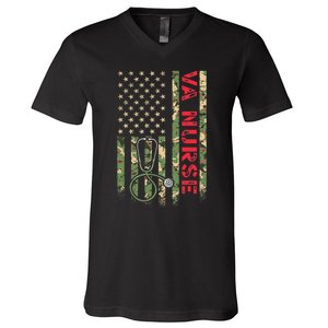 VA Nurse Camouflage American Flag Patriotic Military Hero Premium V-Neck T-Shirt