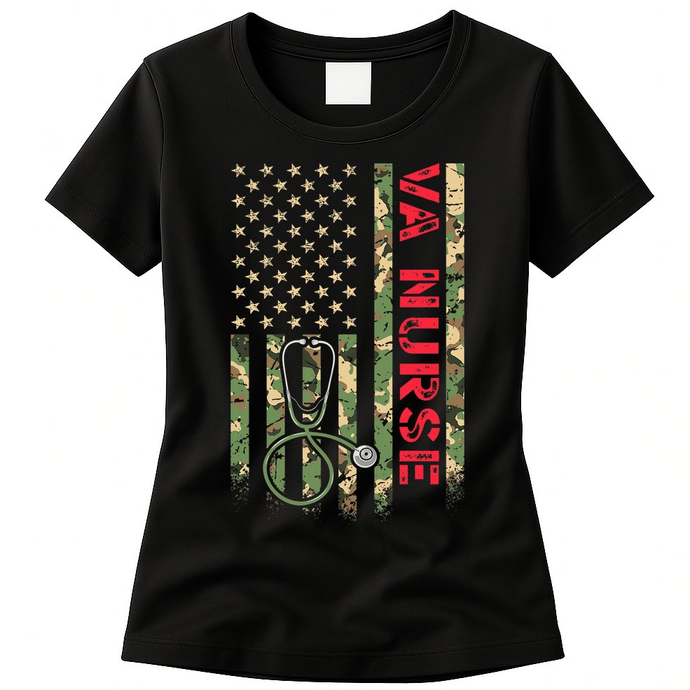 VA Nurse Camouflage American Flag Patriotic Military Hero Premium Womens T-Shirt