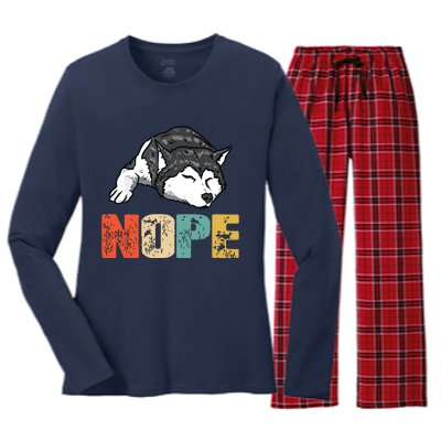 Vintage Nope Funny Siberian Husky Dog Lover Women's Long Sleeve Flannel Pajama Set 