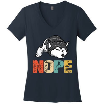 Vintage Nope Funny Siberian Husky Dog Lover Women's V-Neck T-Shirt