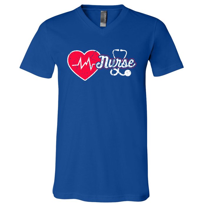 Vintage Nurse Graphic Heart Stethoscope And Heartbeat Cool Gift V-Neck T-Shirt