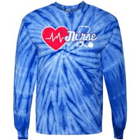 Vintage Nurse Graphic Heart Stethoscope And Heartbeat Cool Gift Tie-Dye Long Sleeve Shirt