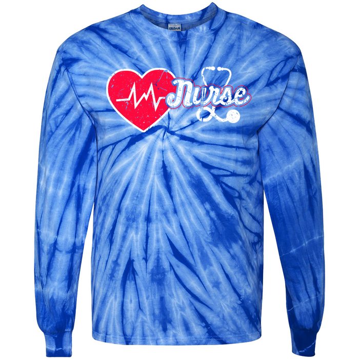 Vintage Nurse Graphic Heart Stethoscope And Heartbeat Cool Gift Tie-Dye Long Sleeve Shirt