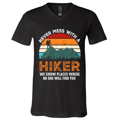 Vintage Never Mess With A Hiker Hiking Funny Hikers V-Neck T-Shirt