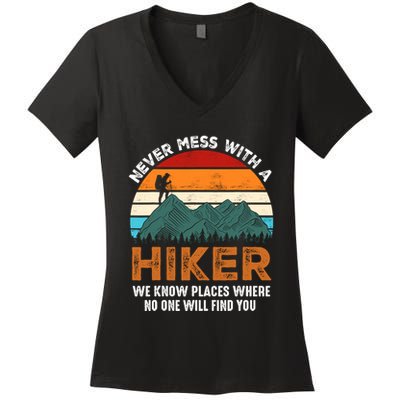 Vintage Never Mess With A Hiker Hiking Funny Hikers Women's V-Neck T-Shirt