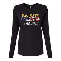 Vintage Navy Proud Grandpa With U.S. American Flag Gift Womens Cotton Relaxed Long Sleeve T-Shirt