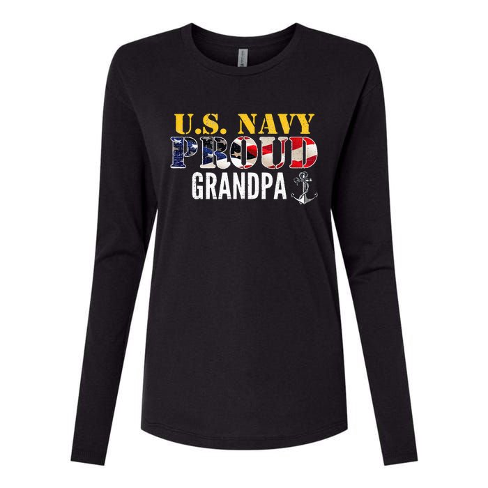 Vintage Navy Proud Grandpa With U.S. American Flag Gift Womens Cotton Relaxed Long Sleeve T-Shirt