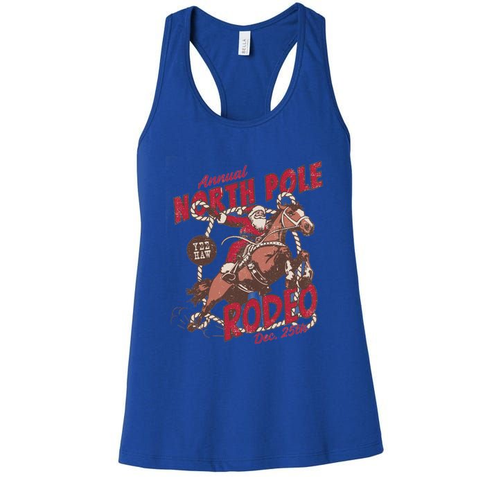 Vintage North Pole Rodeo Cow Santa Country Christmas Gift Women's Racerback Tank