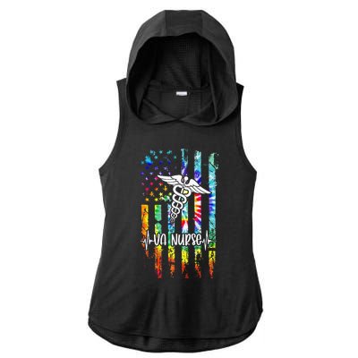 VA Nurse Squad Appreciation Day Tie Dye US Flag Ladies PosiCharge Tri-Blend Wicking Draft Hoodie Tank