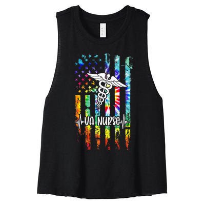 VA Nurse Squad Appreciation Day Tie Dye US Flag Women's Racerback Cropped Tank