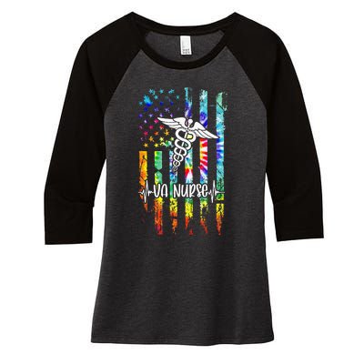 VA Nurse Squad Appreciation Day Tie Dye US Flag Women's Tri-Blend 3/4-Sleeve Raglan Shirt