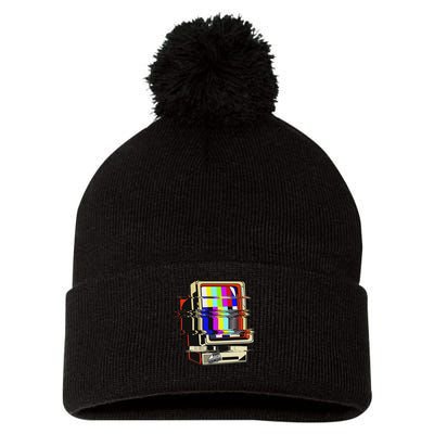 Vaporwave No Signal Television Off Air Glitch Computer Art Pom Pom 12in Knit Beanie