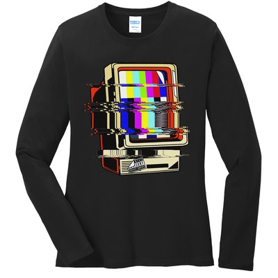 Vaporwave No Signal Television Off Air Glitch Computer Art Ladies Long Sleeve Shirt