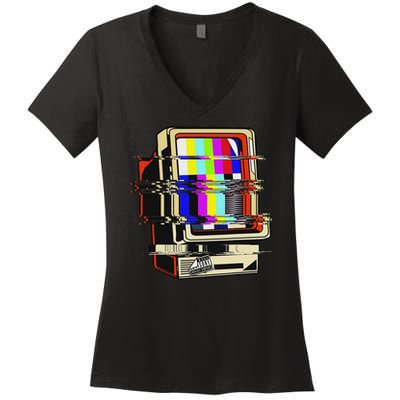 Vaporwave No Signal Television Off Air Glitch Computer Art Women's V-Neck T-Shirt