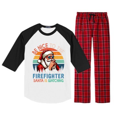 Vintage Nice To The Firefighter Santa Is Watching Xmas Job Gift Raglan Sleeve Pajama Set