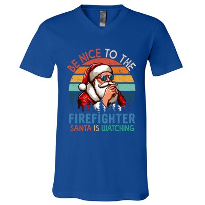 Vintage Nice To The Firefighter Santa Is Watching Xmas Job Gift V-Neck T-Shirt