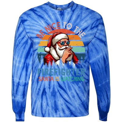 Vintage Nice To The Firefighter Santa Is Watching Xmas Job Gift Tie-Dye Long Sleeve Shirt