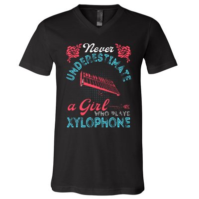 Vintage Never Underestimate Girl Who Plays Xylophone Musical V-Neck T-Shirt