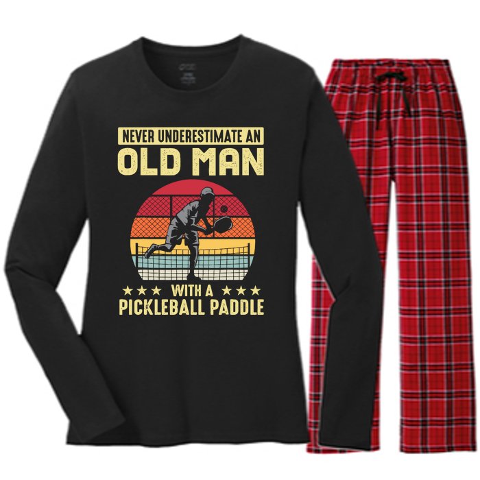 Vintage Never Underestimate An Old Man Pickleball Paddle Women's Long Sleeve Flannel Pajama Set 