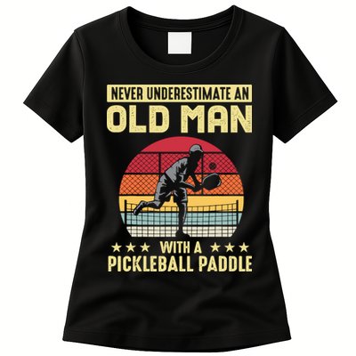 Vintage Never Underestimate An Old Man Pickleball Paddle Womens T-Shirt
