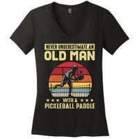 Vintage Never Underestimate An Old Man Pickleball Paddle Women's V-Neck T-Shirt