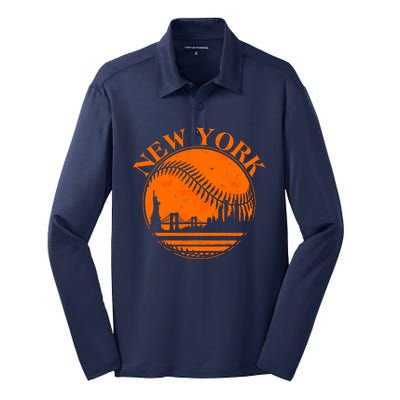 Vintage New York City Skyline Baseball Silk Touch Performance Long Sleeve Polo